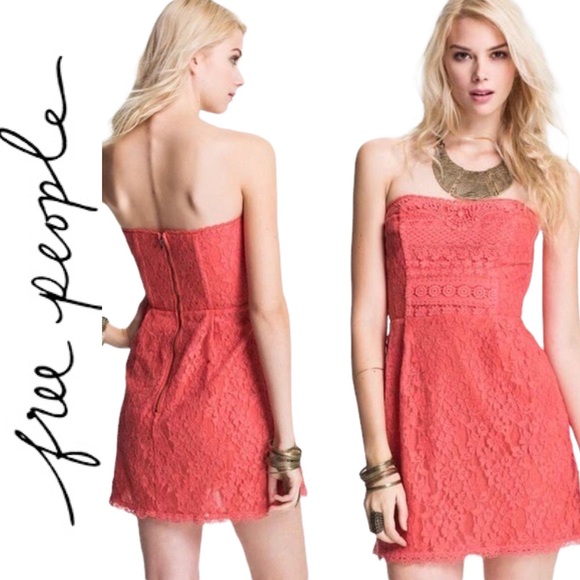 Free People Dresses & Skirts - Free People Lace Coral Strapless Mini Dress Size 2